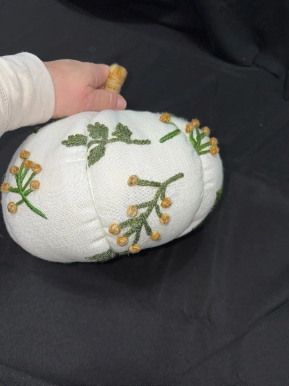 Source Unknown White Accent Pillow Pumpkin with Mustard Embroidered Flowers